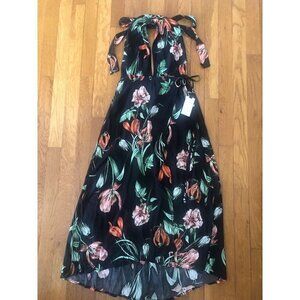 NWT ASTR The Label Size XS Black Floral Halter Dress Open Back Faux Wrap